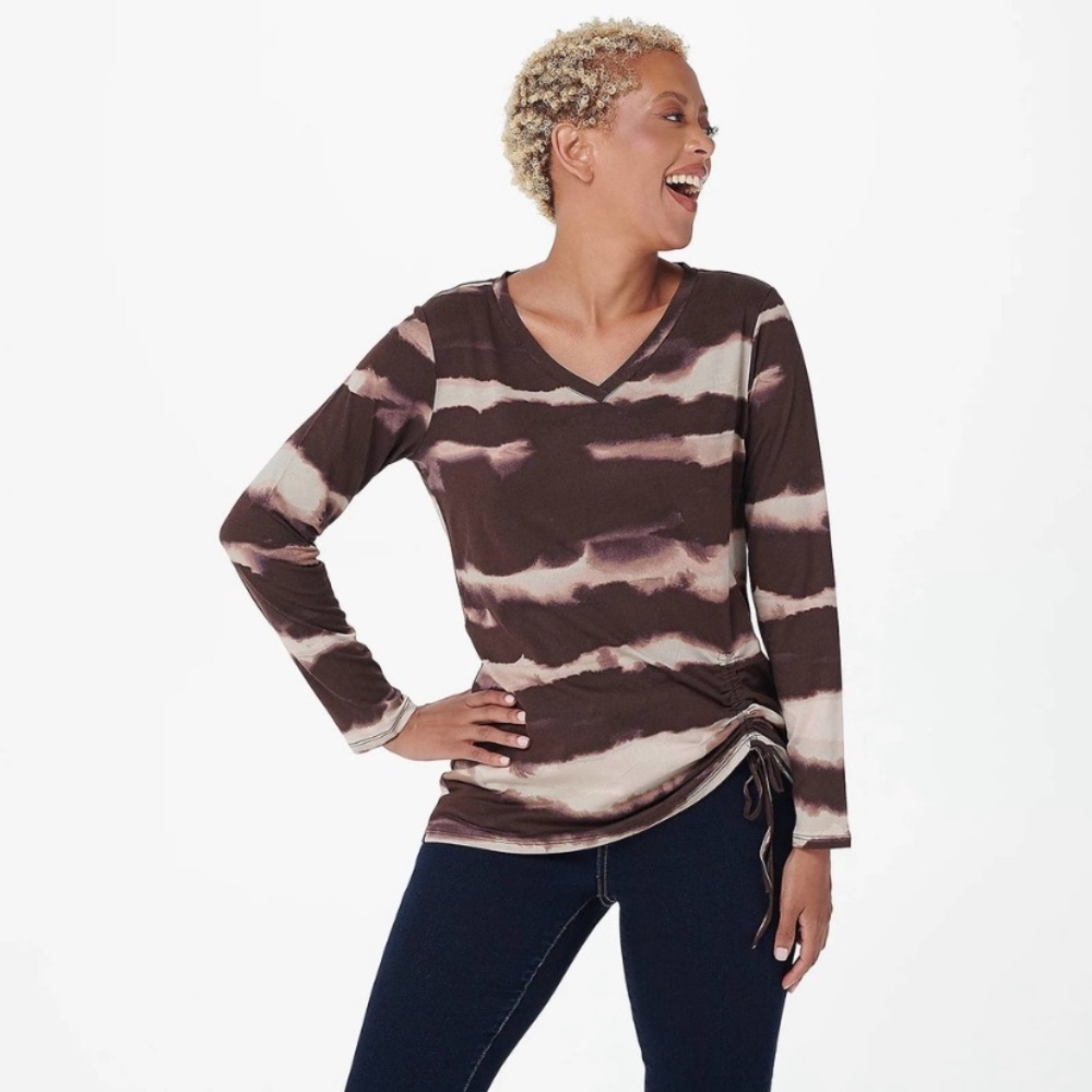 LOGO LORI GOLDSTEIN Top Long Sleeve Tie Dye Print Cinched Side Brown 1X